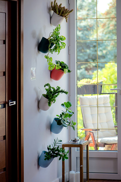 Pojedyncze doniczki naścienne z roślinami. Doniczka na ścianę Poppy w kolorze białym, ceglastym, niebieskim, zielonym.